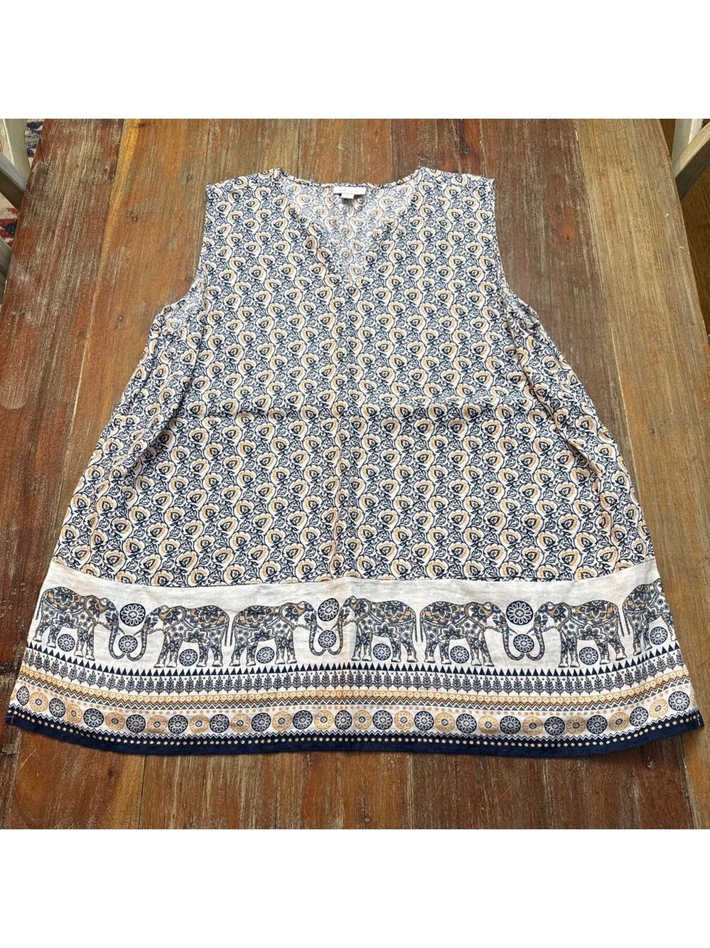 J. Jill Linen Elephant Print Sleeveless V-Neck Tunic Top XL